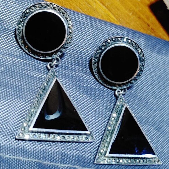 Vintage Sterling Silver Black Onyx Triangle Drop Earrings Round Studs Marcasite - Picture 1 of 12